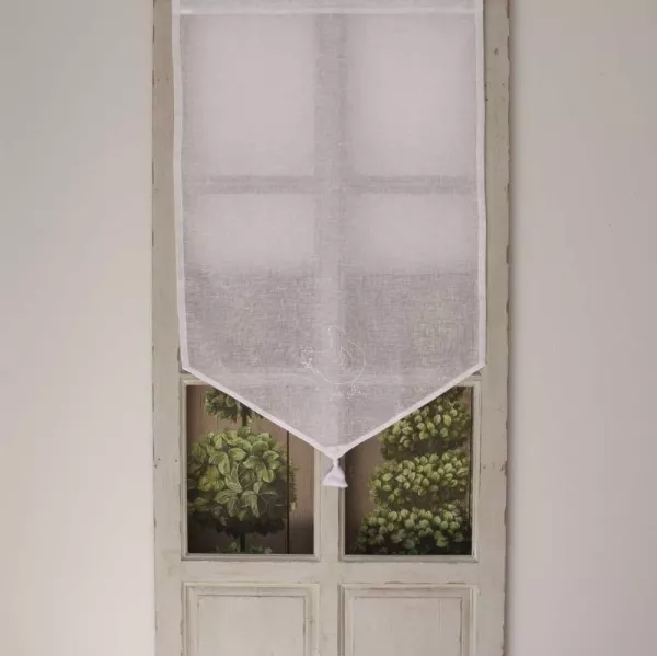 Rideau Brise-bise Cottage à Carreaux Blanc Et Gris - 100% Coton, Avec Passants Et Boules En Bois, Pour Cuisine Ou Salon Style Campagne
