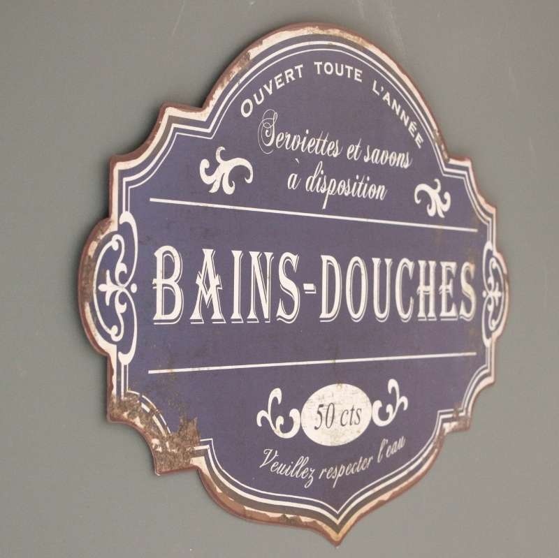 plaque de porte en métal salle de bains style émail damier bleu rétro vintage 