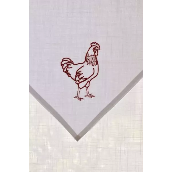 Brise-bise Brodé Lin - Motif Poule Et Coq Rouge - Style Campagne - 45 X 120 Cm