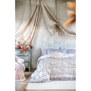 Édredon Toile de Jouy Beige 260x260 avec Volant | Toile du Borgo - Cosydeco