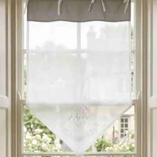 Brise-Bise Venise Gris Pointe Brodée & Monogramme, Style Charme Cosy