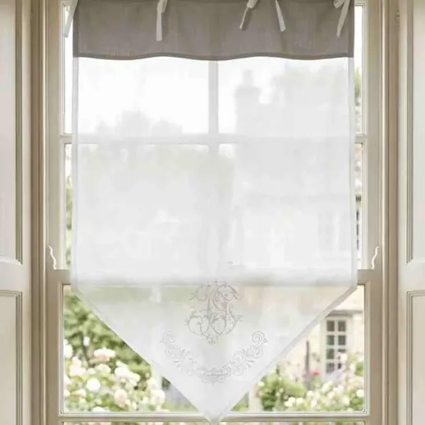 Brise-Bise Venise Gris Pointe Brodée & Monogramme, Style Charme Cosy