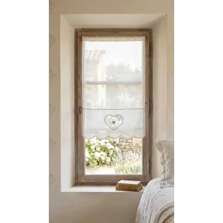 Brise-Bise en Lin Blanc Décor Cœur et Dentelle, Modèle Faustine