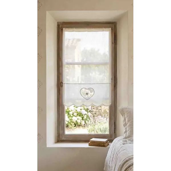 Brise-Bise en Lin Blanc Décor Cœur et Dentelle, Modèle Faustine