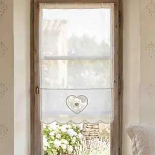 Brise-Bise en Lin Blanc Décor Cœur et Dentelle, Modèle Faustine pour la chambre