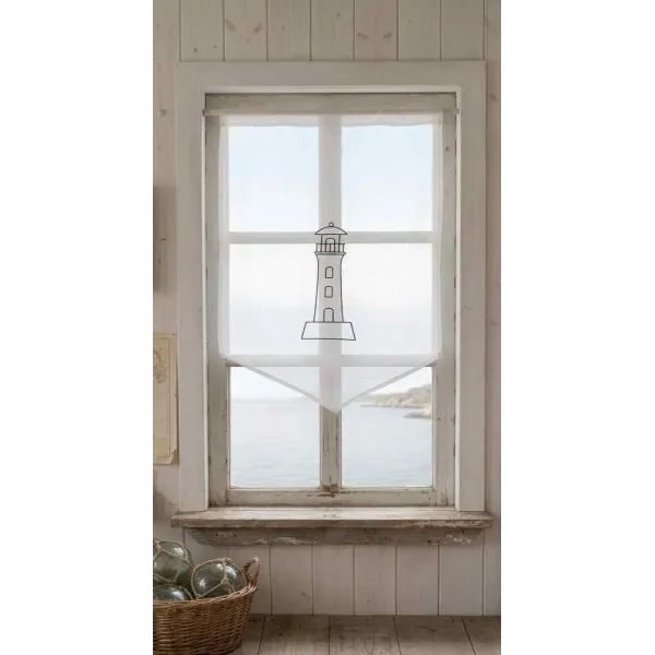 Brise-Bise Déco Bord de Mer, Phare Bleu Brodé, Modèle Phare Brodé
