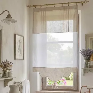 Brise-Bise en Lin Blanc et Beige Finitions Pompon, Confection Française