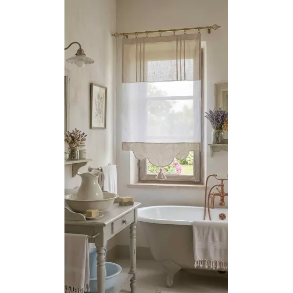 Brise-Bise en Lin bicolore Blanc et Beige Finitions Pompon, Confection Française