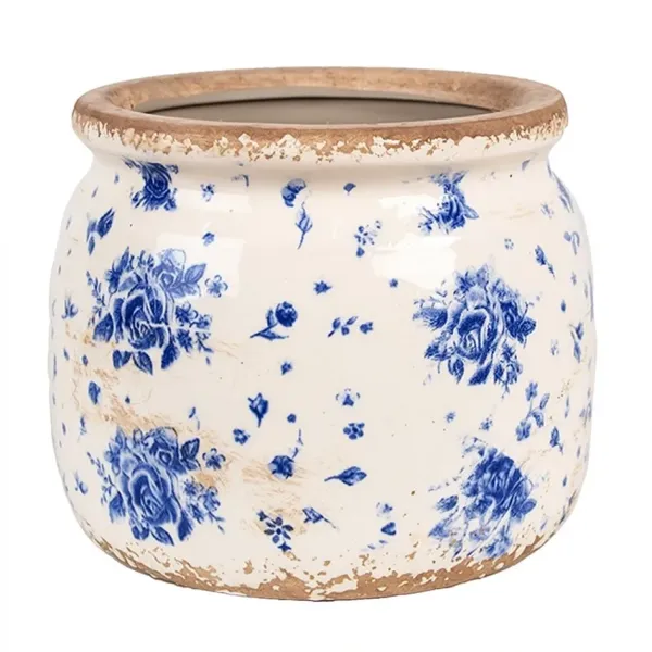 Cache Pot en Céramique, Décor Fleuri Bleu sur Fond Blanc, Clayre & Eef