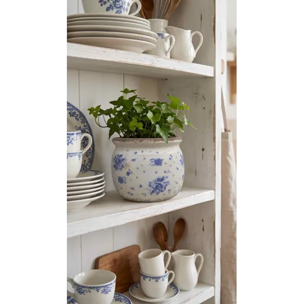 Pot de Fleurs en Céramique, Décor Fleuri Bleu sur Fond Blanc, Clayre & Eef
