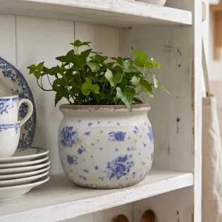 Pot de Fleurs Décor Fleuri Bleu sur Fond Blanc, Clayre & Eef
