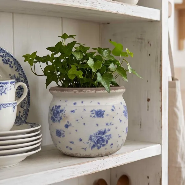 Pot de Fleurs Décor Fleuri Bleu sur Fond Blanc, Clayre & Eef