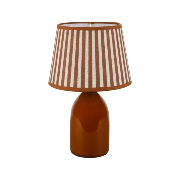 La Petite Lampe de Chevet en Céramique Brune et Abat-Jour Lin Rayé