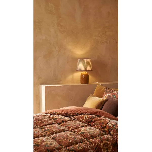 Lampe de Chevet en Céramique Brune et Abat-Jour Lin Rayé