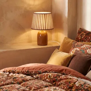 Petite Lampe de Chevet en Céramique Brune et Abat-Jour Lin Rayé